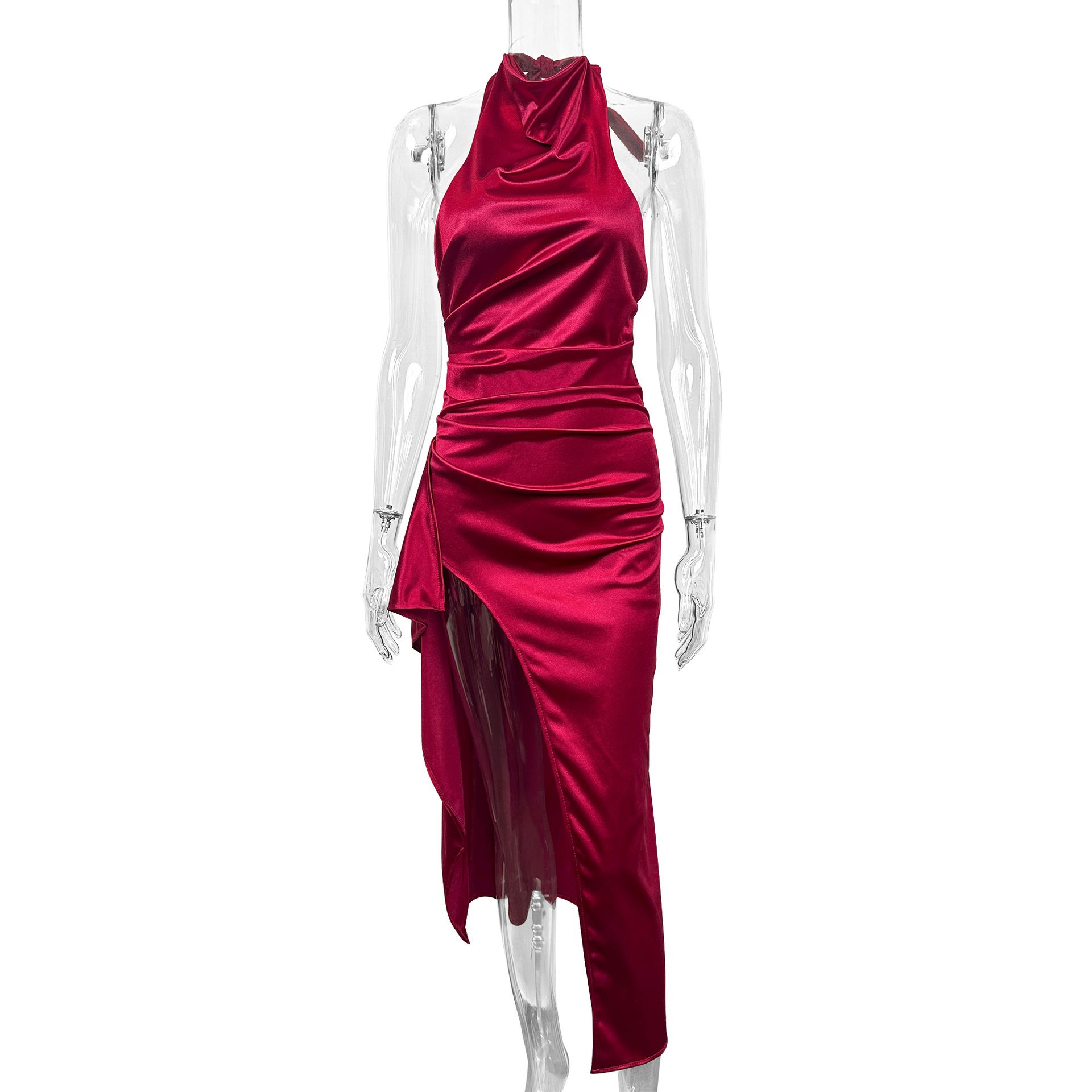 Summer new women's dress fashion solid color sleeveless round neck strap backless fold slim bag hip split long dress suitable for daily leisure party commuter dinner dress.