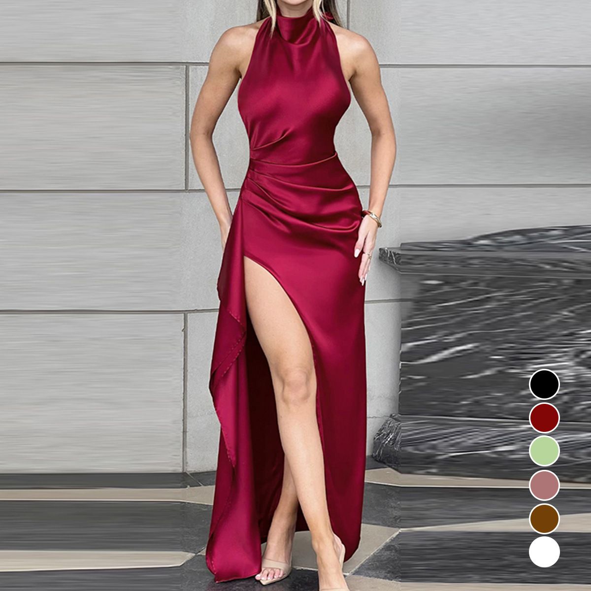 Summer new women's dress fashion solid color sleeveless round neck strap backless fold slim bag hip split long dress suitable for daily leisure party commuter dinner dress.