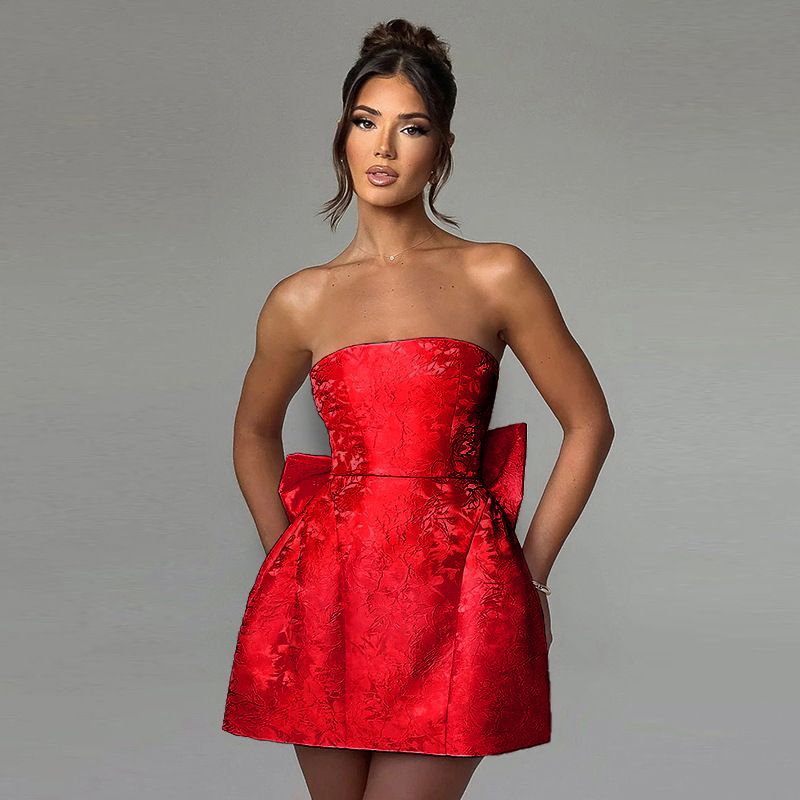 Summer new women's dress fashion solid color sleeveless jacquard tube top bow waist A short dress is suitable for daily leisure party commuter dinner dress.