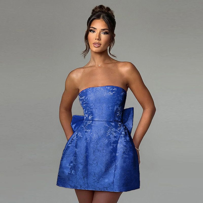 Summer new women's dress fashion solid color sleeveless jacquard tube top bow waist A short dress is suitable for daily leisure party commuter dinner dress.