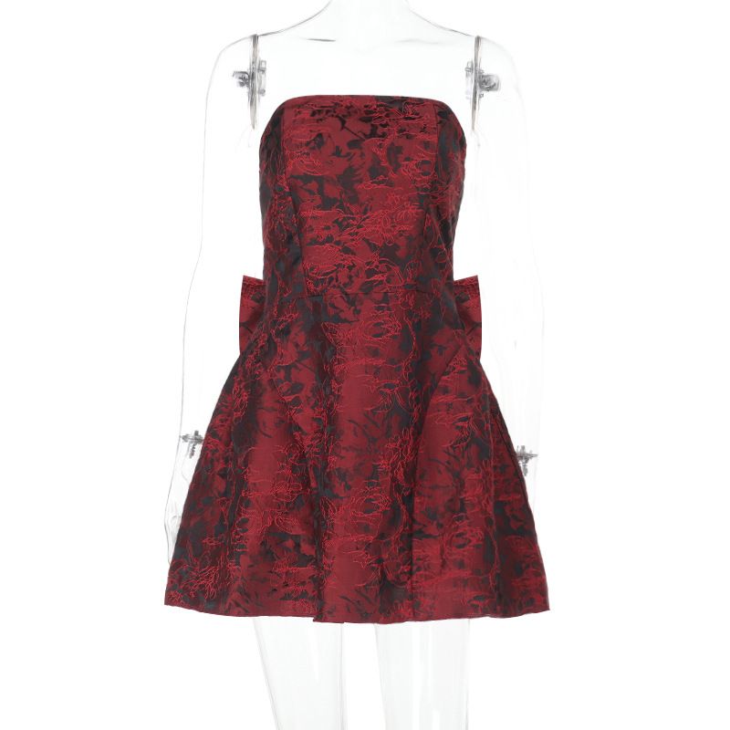 Summer new women's dress fashion solid color sleeveless jacquard tube top bow waist A short dress is suitable for daily leisure party commuter dinner dress.