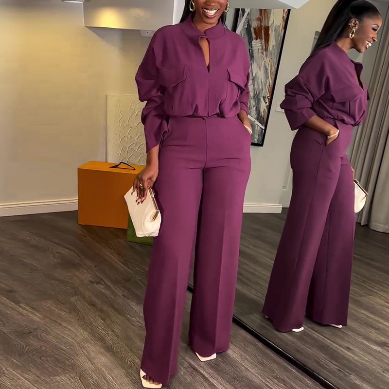 Summer new women's two-piece fashion V-neck long-sleeved shirt wide-leg trousers suit is suitable for daily leisure parties and office commuting.