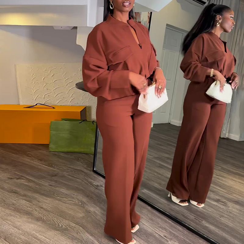 Summer new women's two-piece fashion V-neck long-sleeved shirt wide-leg trousers suit is suitable for daily leisure parties and office commuting.