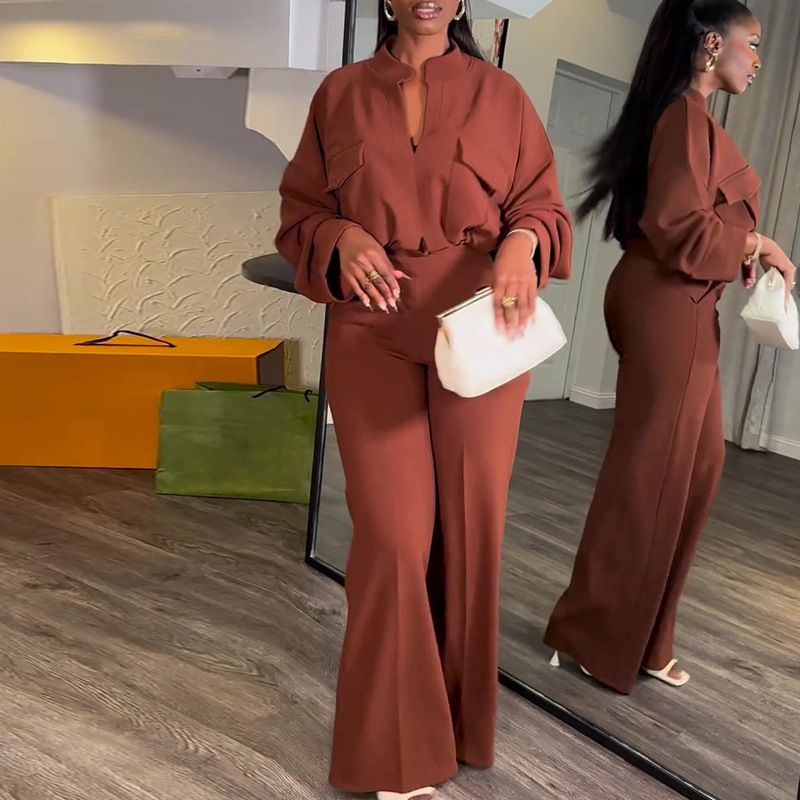 Summer new women's two-piece fashion V-neck long-sleeved shirt wide-leg trousers suit is suitable for daily leisure parties and office commuting.