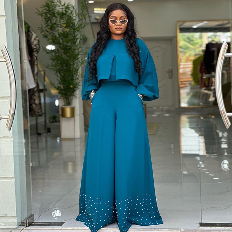 Summer new women's two-piece solid color long-sleeved round neck lantern sleeve jacket beaded wide-leg pants suit is suitable for daily leisure commuting parties.