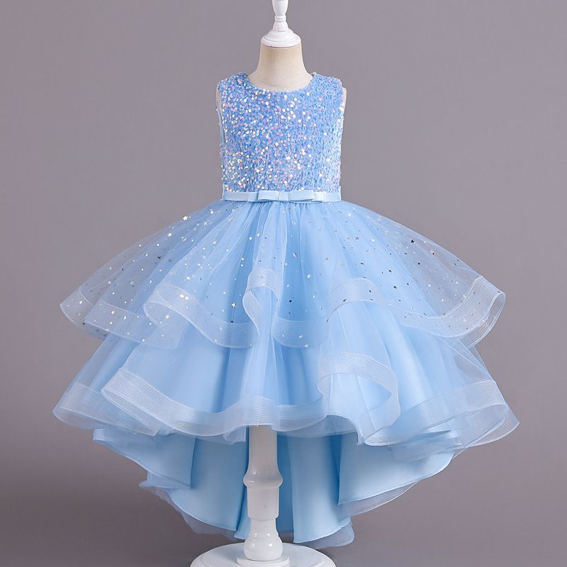 Summer new girl dress sleeveless round neck sequined gauze fluffy skirt princess skirt trailing dress suitable for birthday party school Christmas party banquet dress performance dress.