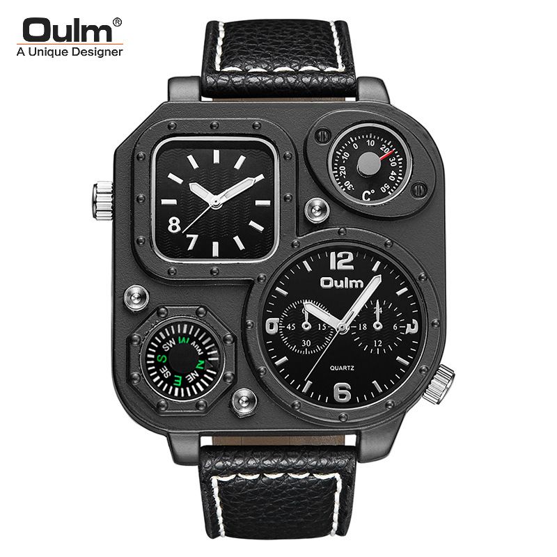 Oulm new men's quartz watch fashion large dial compass double time zone belt square watch men's watch is suitable for daily leisure sports business wear.