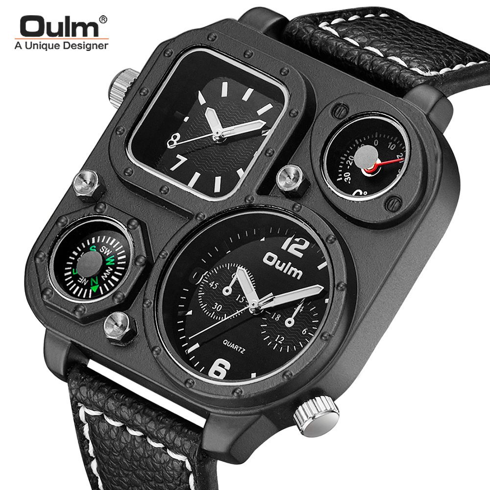 Oulm new men's quartz watch fashion large dial compass double time zone belt square watch men's watch is suitable for daily leisure sports business wear.