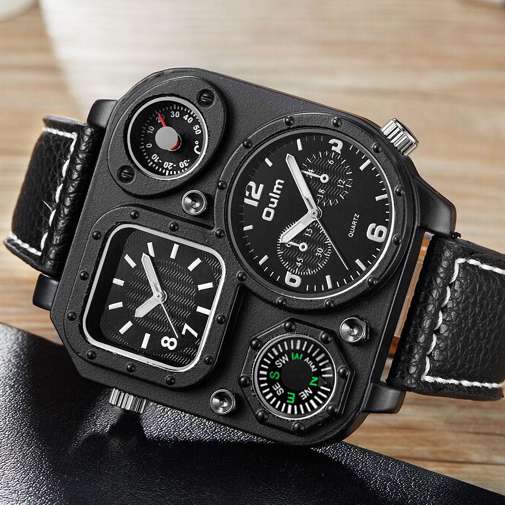 Oulm new men's quartz watch fashion large dial compass double time zone belt square watch men's watch is suitable for daily leisure sports business wear.