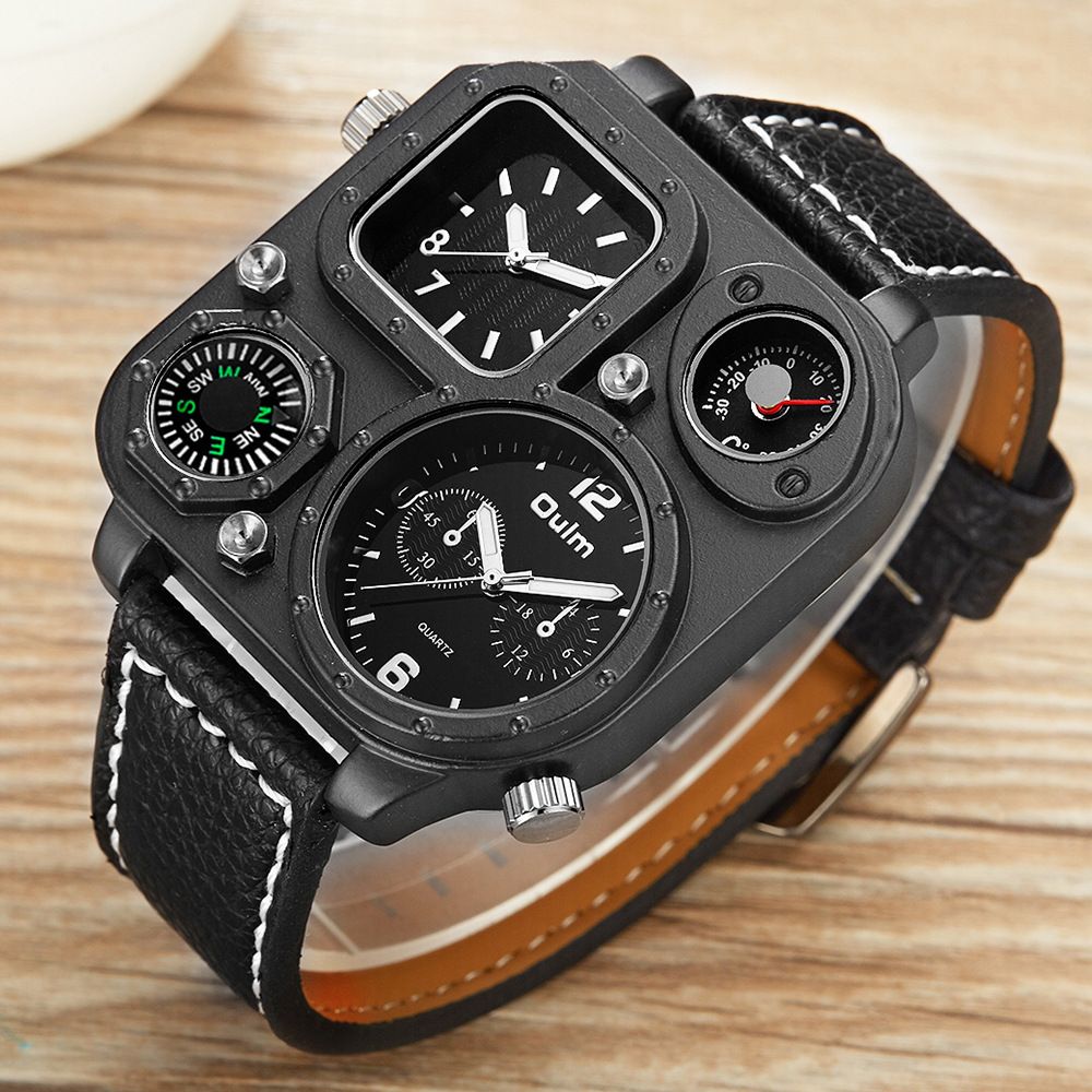 Oulm new men's quartz watch fashion large dial compass double time zone belt square watch men's watch is suitable for daily leisure sports business wear.