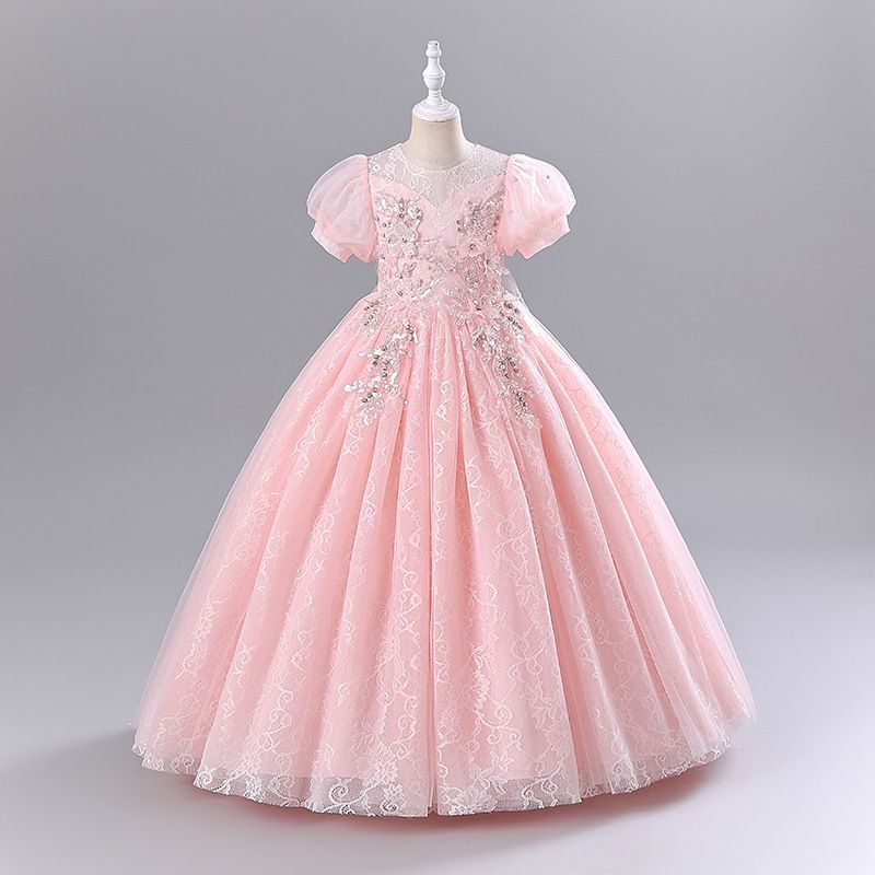 New high-end girls' dresses in summer: puff sleeves, round neck, fluffy gauze, princess dress, birthday party, school Christmas party, wedding dress, performance costume.