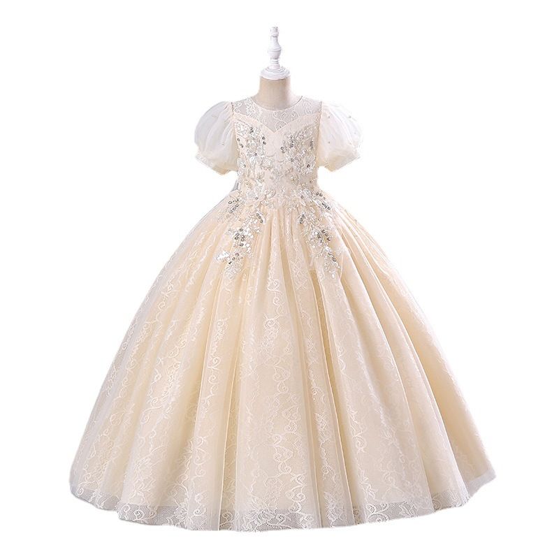 New high-end girls' dresses in summer: puff sleeves, round neck, fluffy gauze, princess dress, birthday party, school Christmas party, wedding dress, performance costume.