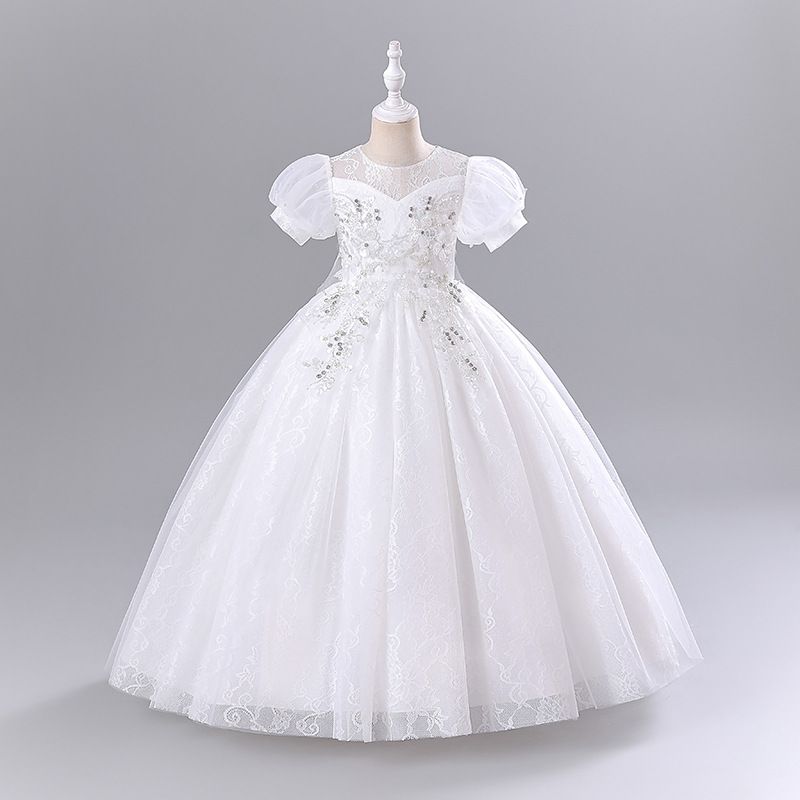 New high-end girls' dresses in summer: puff sleeves, round neck, fluffy gauze, princess dress, birthday party, school Christmas party, wedding dress, performance costume.