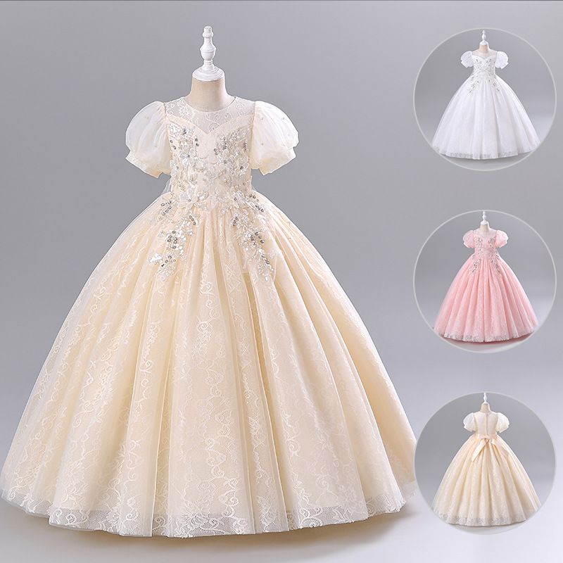 New high-end girls' dresses in summer: puff sleeves, round neck, fluffy gauze, princess dress, birthday party, school Christmas party, wedding dress, performance costume.