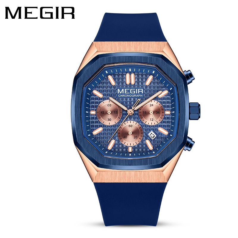 MEGIR new men's quartz watch fashion square chronograph calendar luminous waterproof silicone belt men's watches suitable for leisure sports business wear.