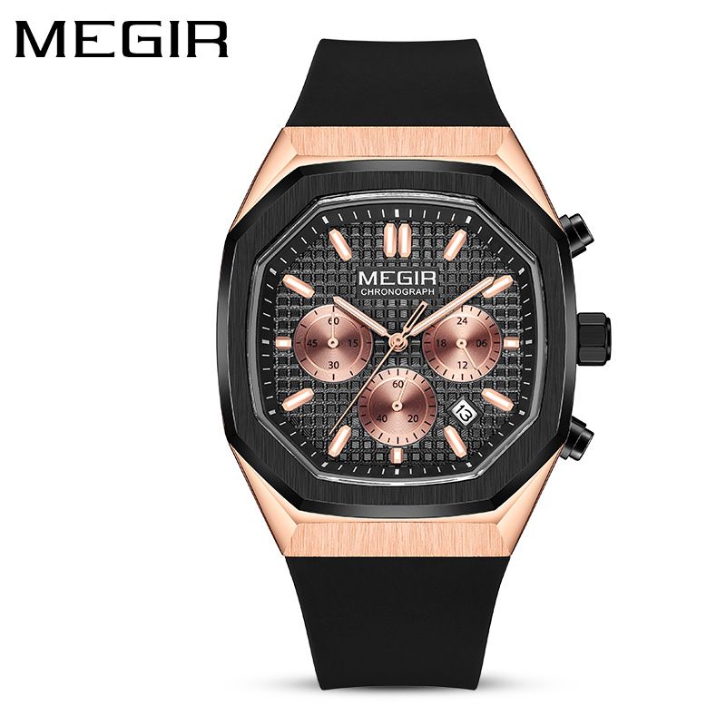 MEGIR new men's quartz watch fashion square chronograph calendar luminous waterproof silicone belt men's watches suitable for leisure sports business wear.