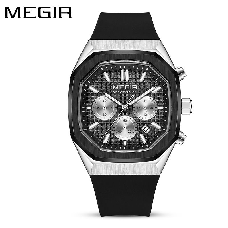 MEGIR new men's quartz watch fashion square chronograph calendar luminous waterproof silicone belt men's watches suitable for leisure sports business wear.
