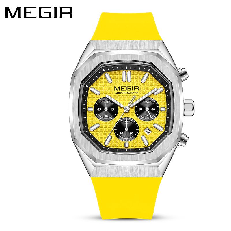 MEGIR new men's quartz watch fashion square chronograph calendar luminous waterproof silicone belt men's watches suitable for leisure sports business wear.