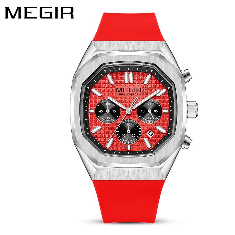 MEGIR new men's quartz watch fashion square chronograph calendar luminous waterproof silicone belt men's watches suitable for leisure sports business wear.
