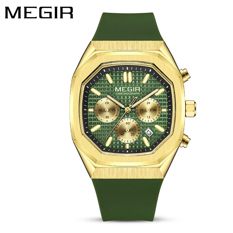 MEGIR new men's quartz watch fashion square chronograph calendar luminous waterproof silicone belt men's watches suitable for leisure sports business wear.