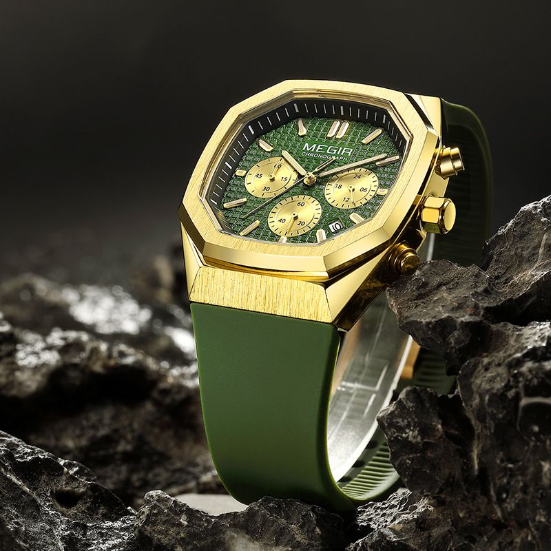 MEGIR new men's quartz watch fashion square chronograph calendar luminous waterproof silicone belt men's watches suitable for leisure sports business wear.