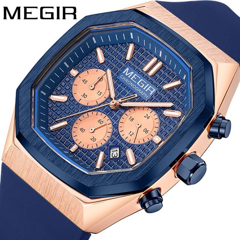 MEGIR new men's quartz watch fashion square chronograph calendar luminous waterproof silicone belt men's watches suitable for leisure sports business wear.