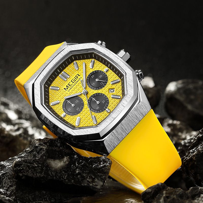 MEGIR new men's quartz watch fashion square chronograph calendar luminous waterproof silicone belt men's watches suitable for leisure sports business wear.