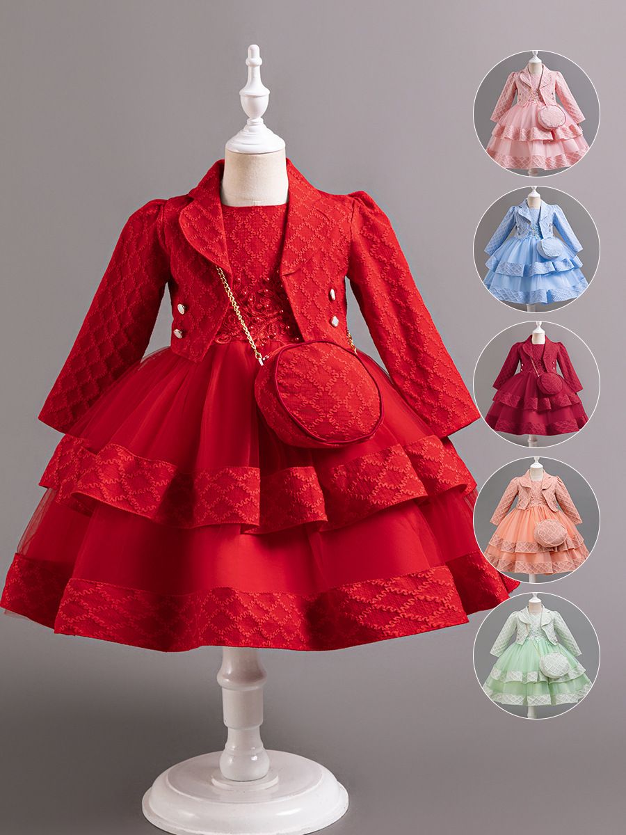 New girls' high-end dress set solid color long-sleeved lapel coat sleeveless round neck gauze dress backpack three-piece suit for birthday party school Christmas party wedding dress.