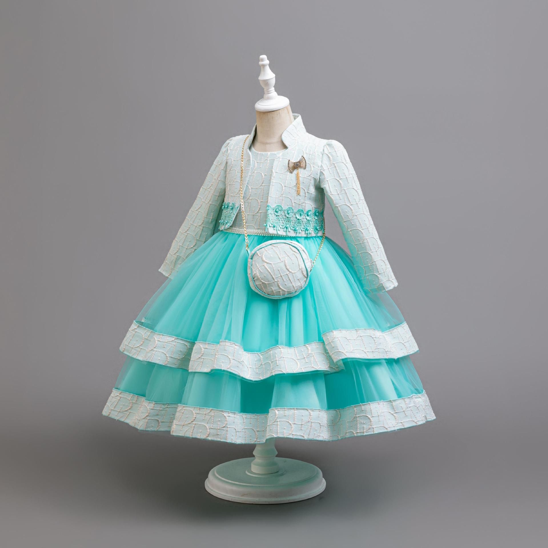 New girls' dress suit Long-sleeved coat coat T sleeveless bow gauze dress small backpack suit is suitable for birthday party, school Christmas party, wedding dress and dinner performance.