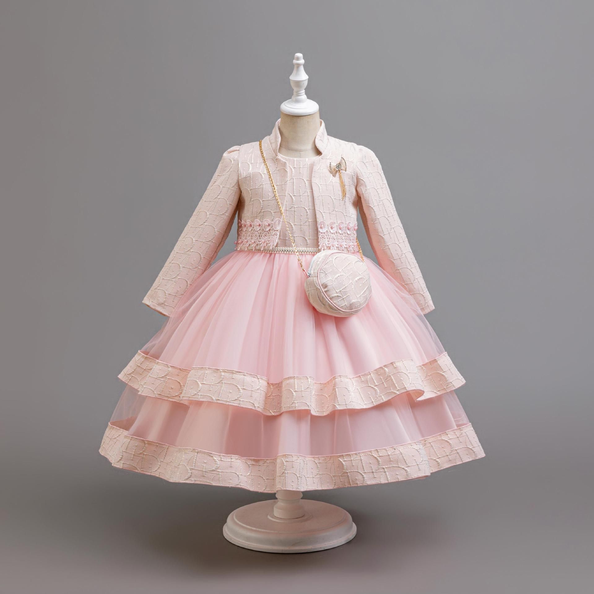 New girls' dress suit Long-sleeved coat coat T sleeveless bow gauze dress small backpack suit is suitable for birthday party, school Christmas party, wedding dress and dinner performance.