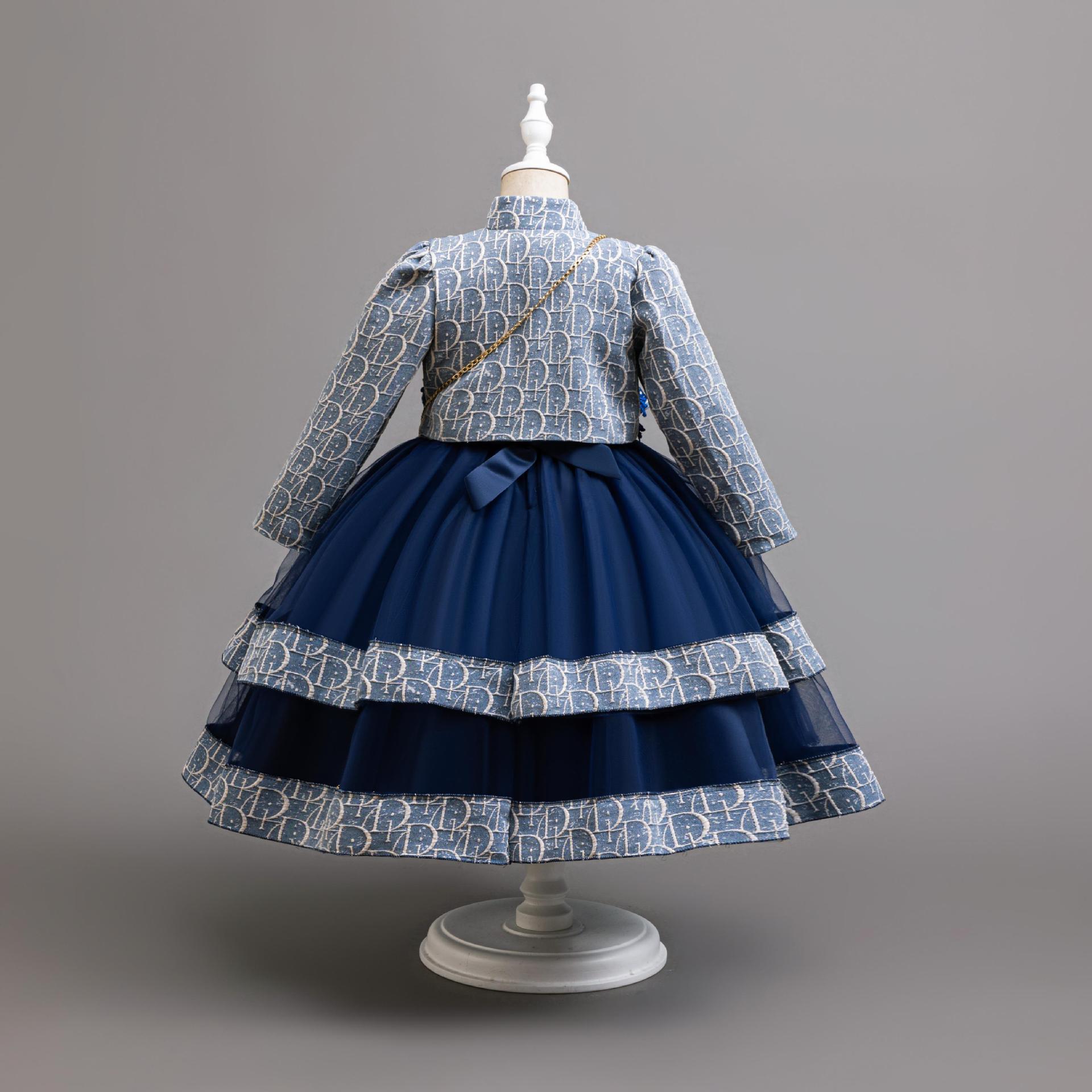 New girls' dress suit Long-sleeved coat coat T sleeveless bow gauze dress small backpack suit is suitable for birthday party, school Christmas party, wedding dress and dinner performance.