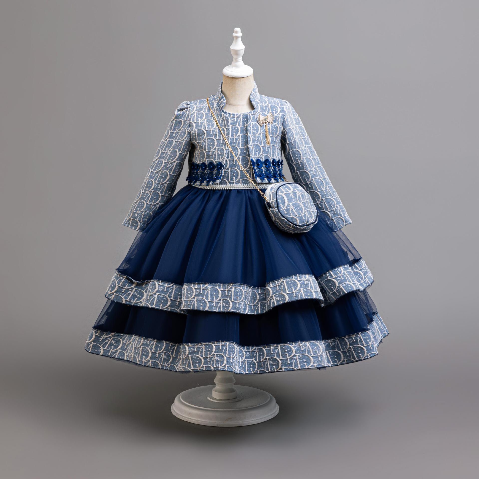 New girls' dress suit Long-sleeved coat coat T sleeveless bow gauze dress small backpack suit is suitable for birthday party, school Christmas party, wedding dress and dinner performance.