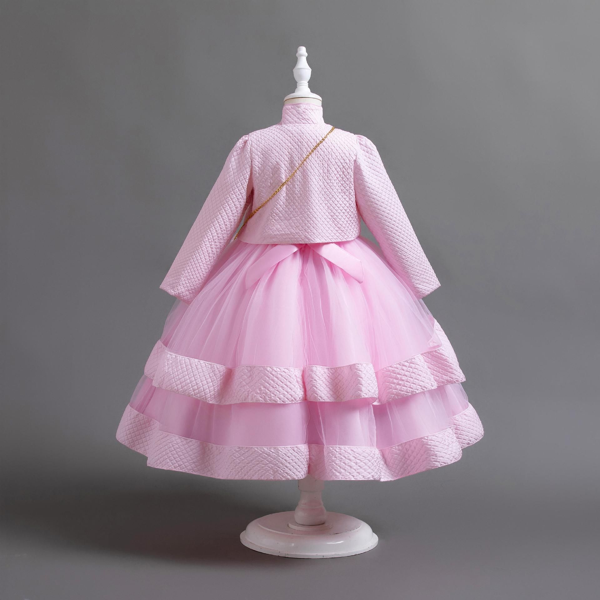 New girls' dress suit long sleeve collar coat round neck sleeveless gauze dress small backpack suit is suitable for birthday party, school Christmas party, wedding dress and dinner performance.