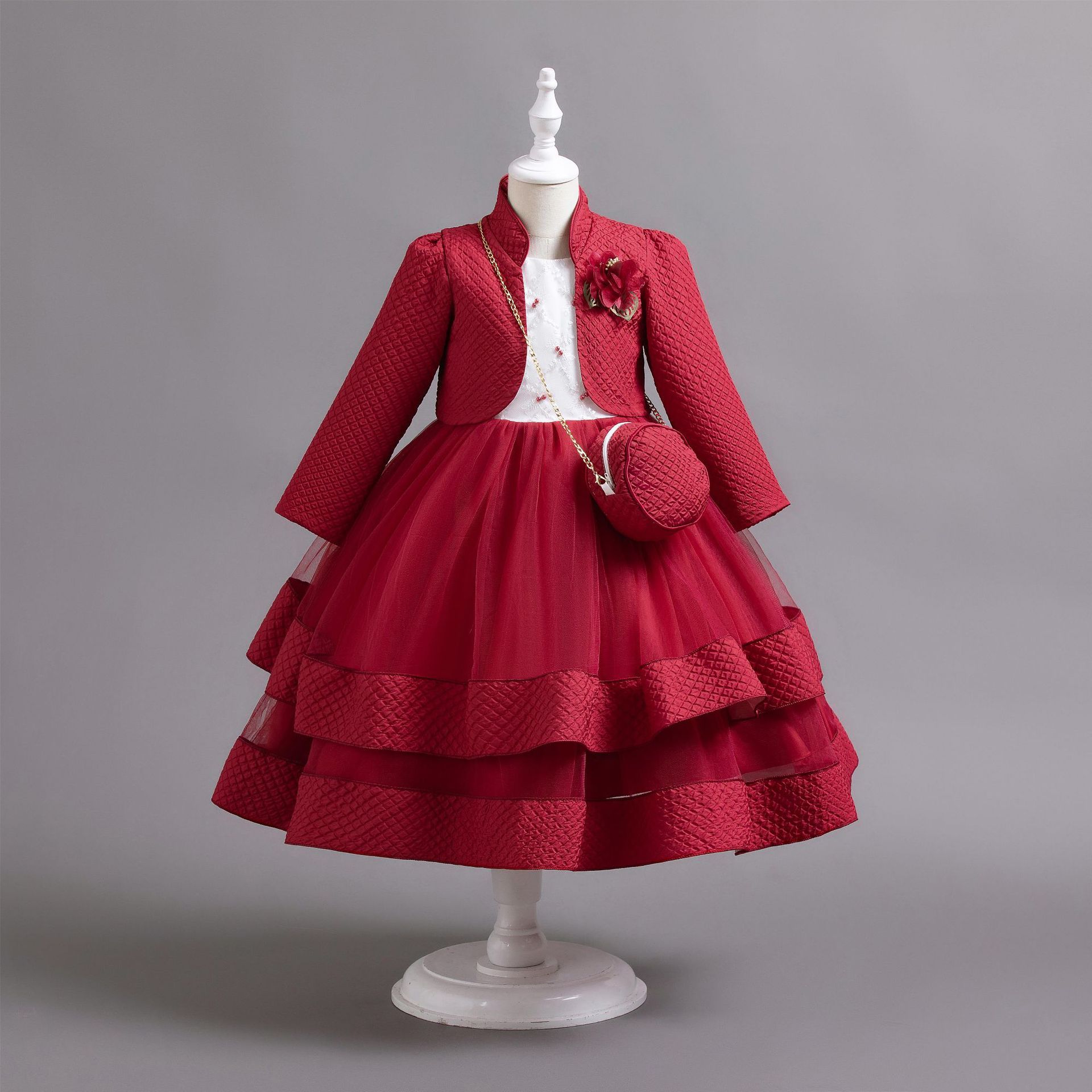 New girls' dress suit long sleeve collar coat round neck sleeveless gauze dress small backpack suit is suitable for birthday party, school Christmas party, wedding dress and dinner performance.