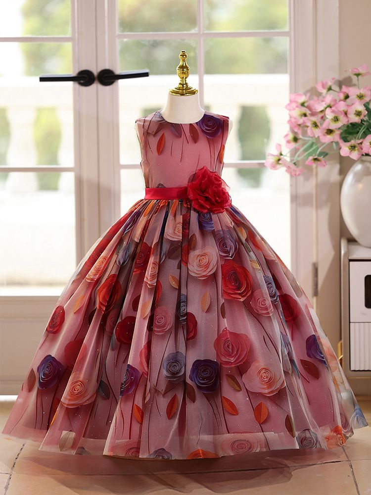 New girls' dresses printed sleeveless round neck three-dimensional flower gauze fluffy skirt Princess dress is suitable for birthday party, school Christmas party, wedding dress and dinner costume.
