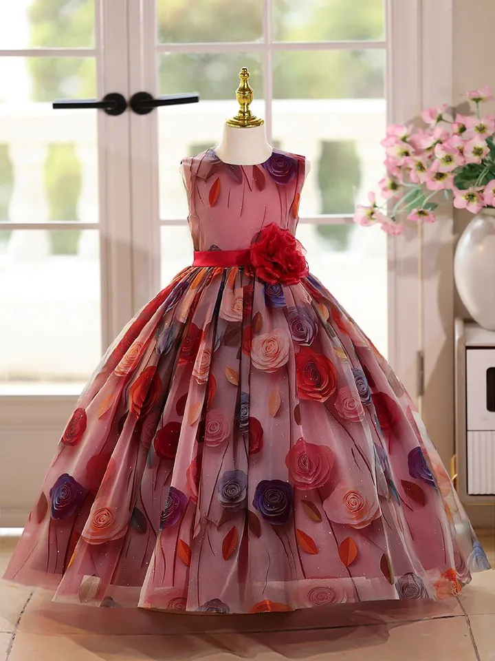New girls' dresses printed sleeveless round neck three-dimensional flower gauze fluffy skirt Princess dress is suitable for birthday party, school Christmas party, wedding dress and dinner costume.