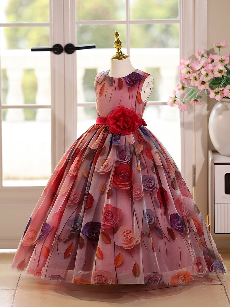 New girls' dresses printed sleeveless round neck three-dimensional flower gauze fluffy skirt Princess dress is suitable for birthday party, school Christmas party, wedding dress and dinner costume.