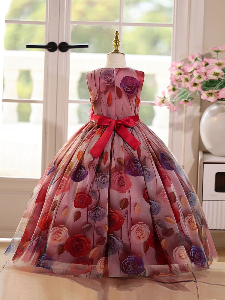 New girls' dresses printed sleeveless round neck three-dimensional flower gauze fluffy skirt Princess dress is suitable for birthday party, school Christmas party, wedding dress and dinner costume.