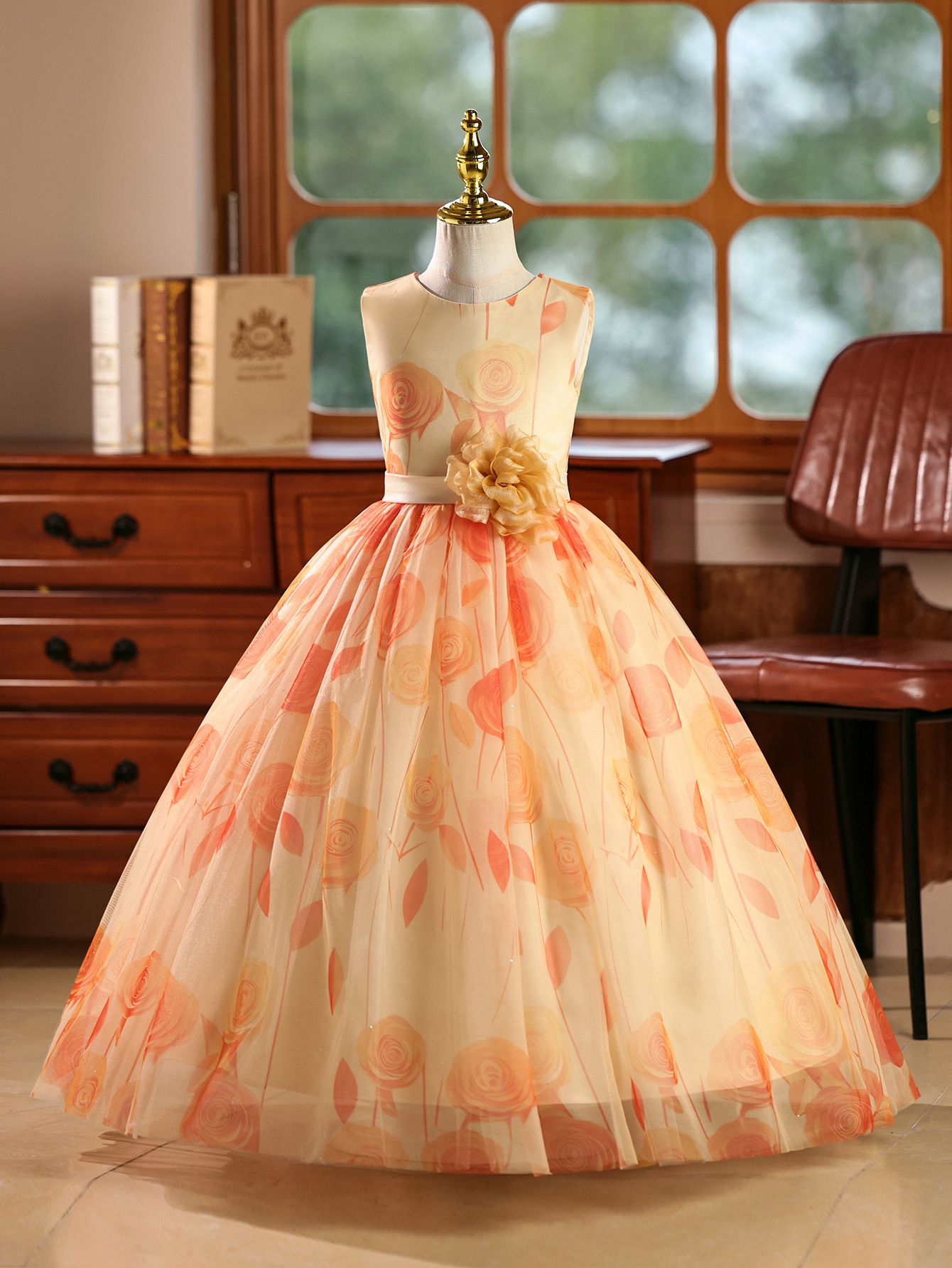 New girls' dresses printed sleeveless round neck three-dimensional flower gauze fluffy skirt Princess dress is suitable for birthday party, school Christmas party, wedding dress and dinner costume.