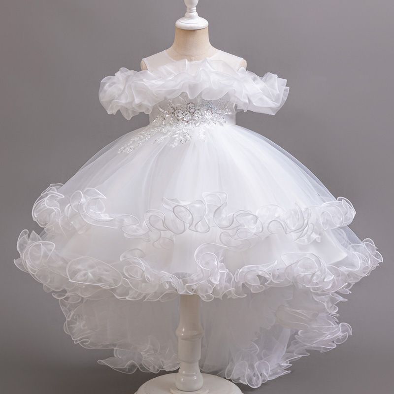 New girls' dresses sleeveless round neck one-shoulder gauze fluffy skirt princess skirt trailing dress is suitable for birthday party school Christmas party dinner dress costume.