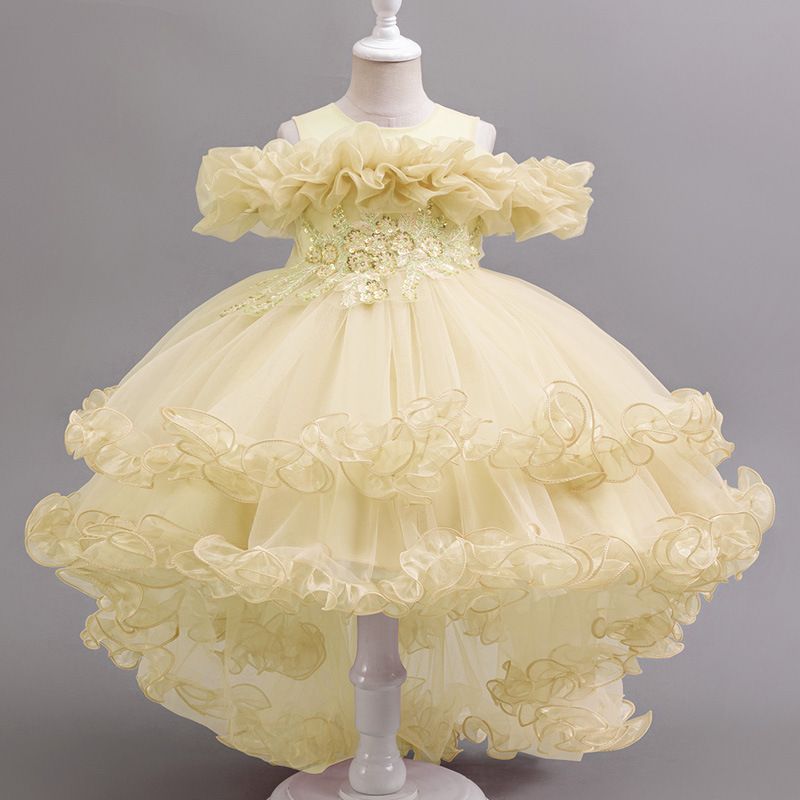 New girls' dresses sleeveless round neck one-shoulder gauze fluffy skirt princess skirt trailing dress is suitable for birthday party school Christmas party dinner dress costume.