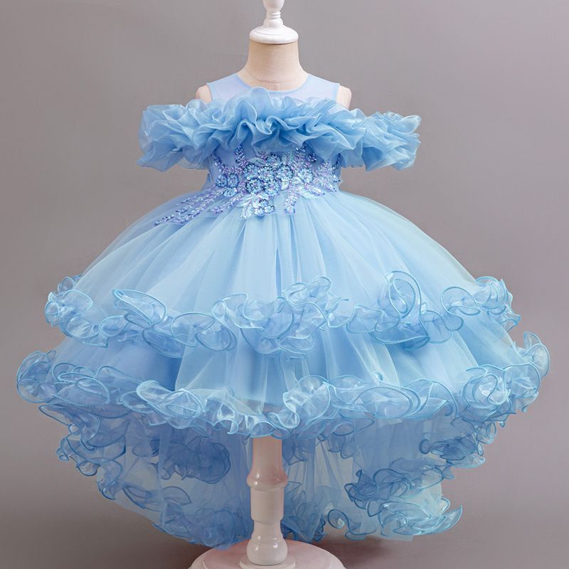 New girls' dresses sleeveless round neck one-shoulder gauze fluffy skirt princess skirt trailing dress is suitable for birthday party school Christmas party dinner dress costume.