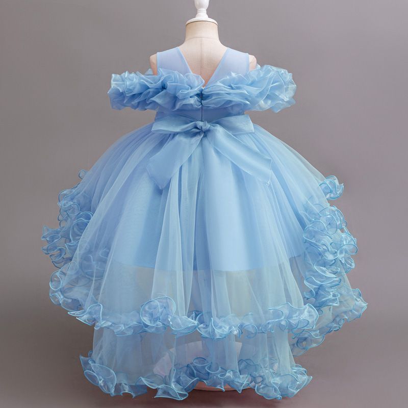 New girls' dresses sleeveless round neck one-shoulder gauze fluffy skirt princess skirt trailing dress is suitable for birthday party school Christmas party dinner dress costume.