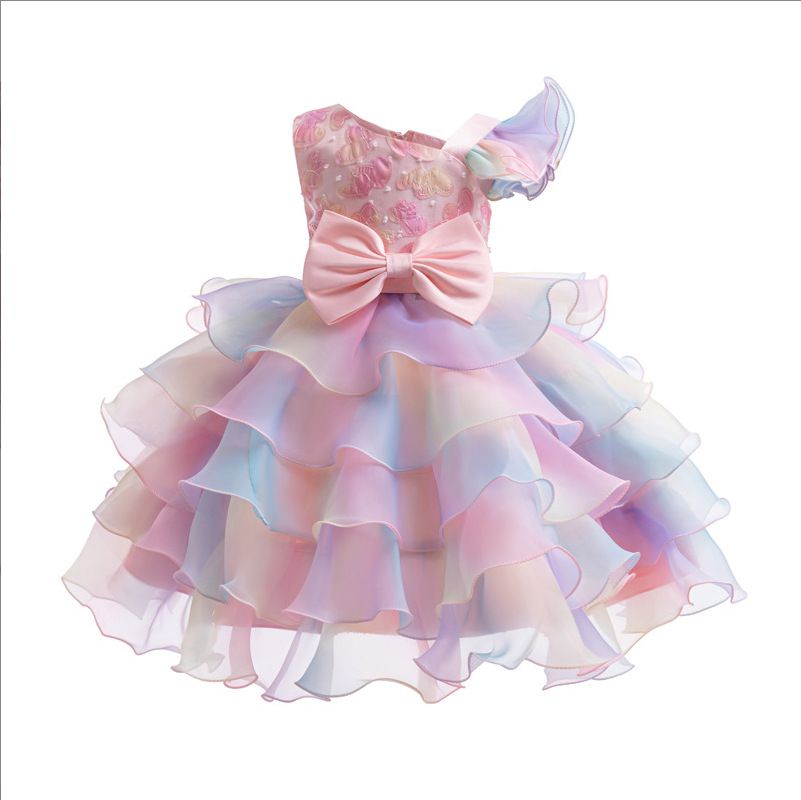 Summer new girl dress printed sleeveless round neck bow gauze fluffy skirt princess dress birthday party school Christmas party wedding dress costume.