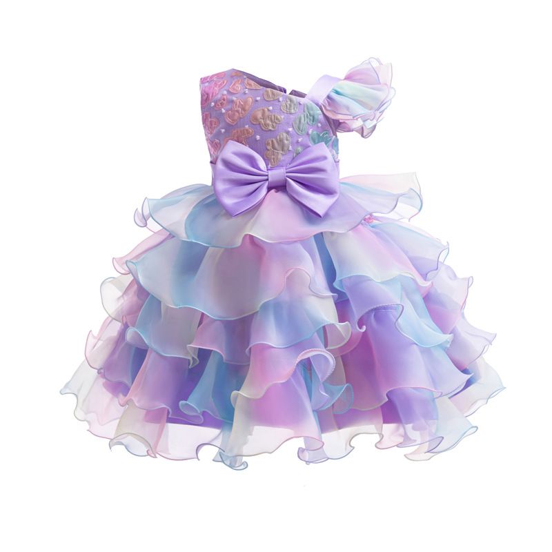 Summer new girl dress printed sleeveless round neck bow gauze fluffy skirt princess dress birthday party school Christmas party wedding dress costume.