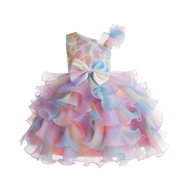Summer new girl dress printed sleeveless round neck bow gauze fluffy skirt princess dress birthday party school Christmas party wedding dress costume.
