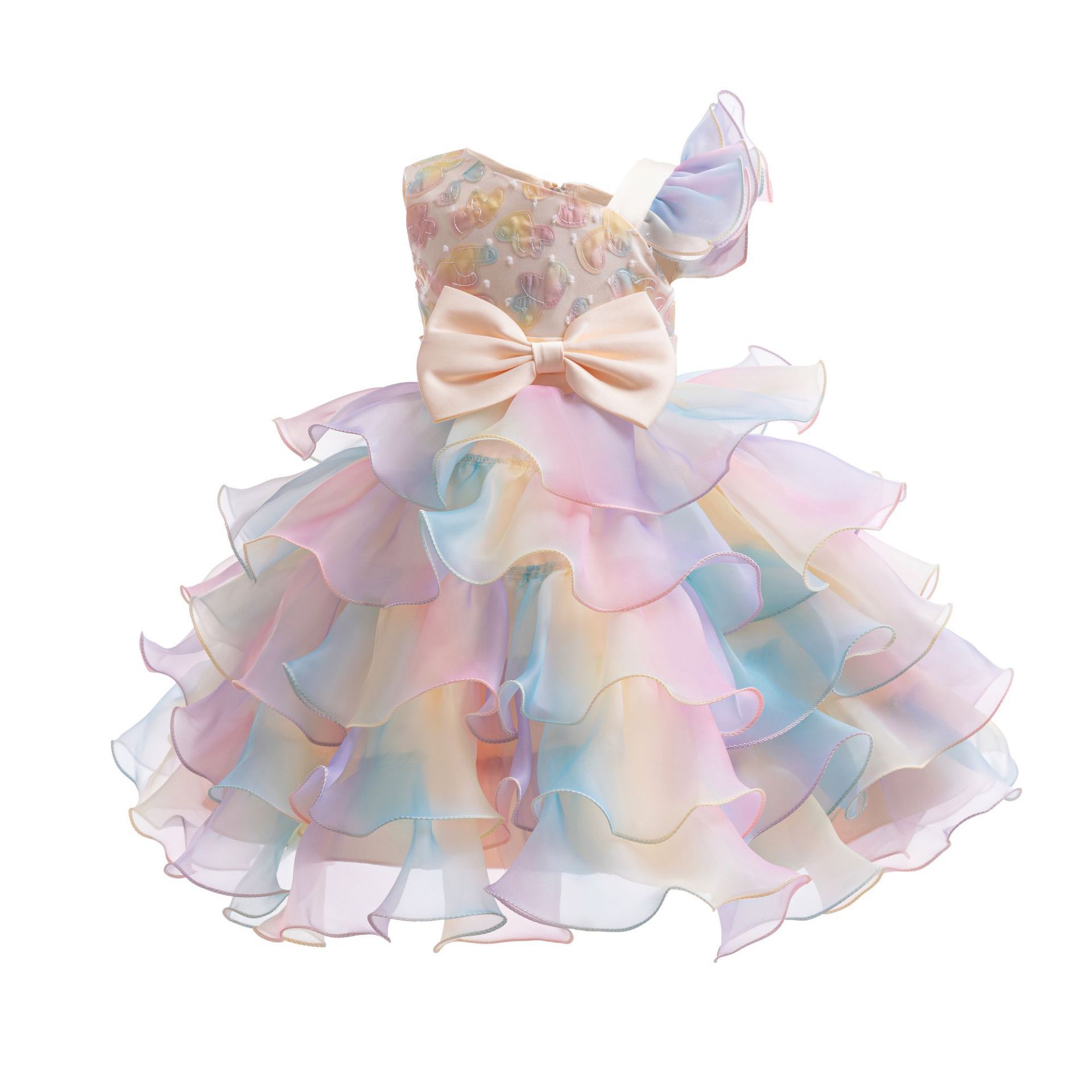 Summer new girl dress printed sleeveless round neck bow gauze fluffy skirt princess dress birthday party school Christmas party wedding dress costume.