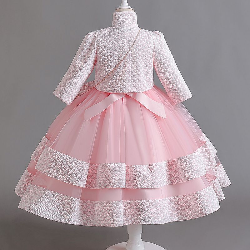 Summer new girls' dress suit long-sleeved collar coat sleeveless round neck flower gauze princess skirt small satchel three-piece suit for birthday party school Christmas party banquet dress costume.