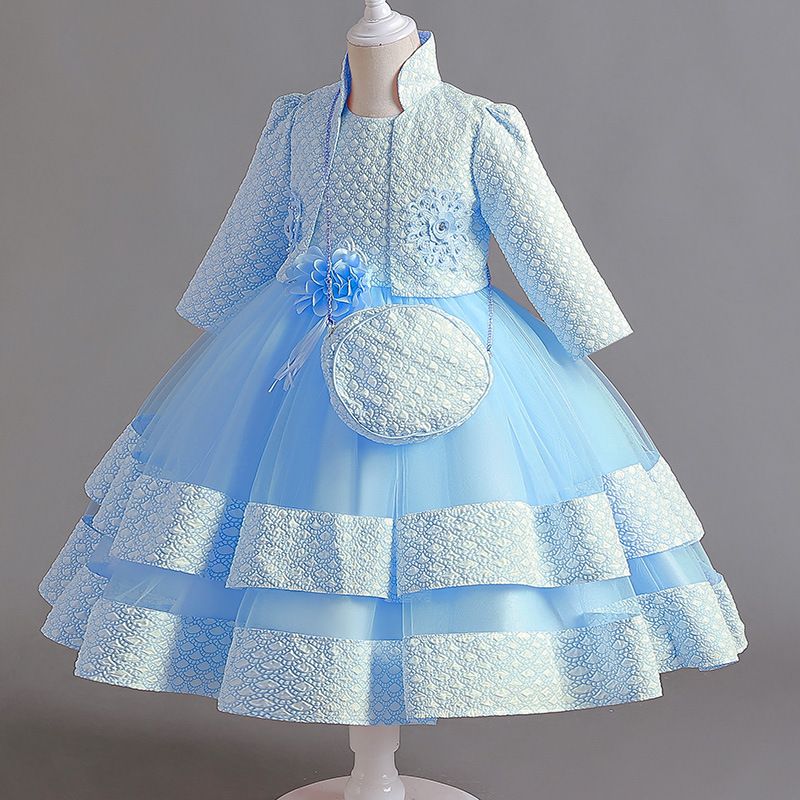 Summer new girls' dress suit long-sleeved collar coat sleeveless round neck flower gauze princess skirt small satchel three-piece suit for birthday party school Christmas party banquet dress costume.
