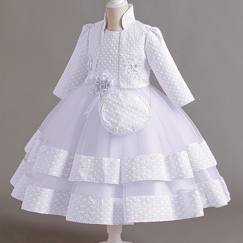 Summer new girls' dress suit long-sleeved collar coat sleeveless round neck flower gauze princess skirt small satchel three-piece suit for birthday party school Christmas party banquet dress costume.